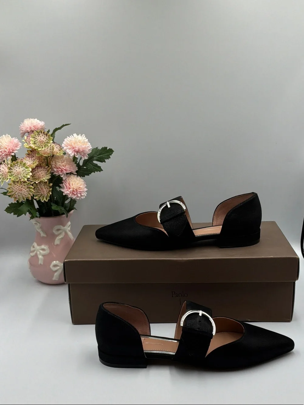 Paolo Black Pointed Flats with Silver Buckle